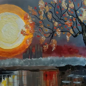 Sunset by the lake - textured landscape painting by Alexandra Catană
