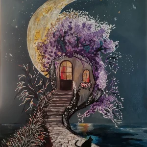 Fantasy with a black cat - textured fantasy painting by Alexandra Catană